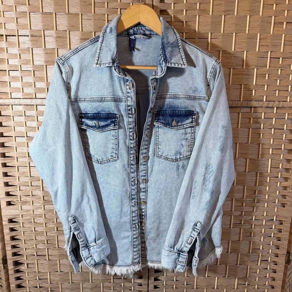 Pilcro Women's Denim Jacket Size S Light Wash Distressed Fringe Hem